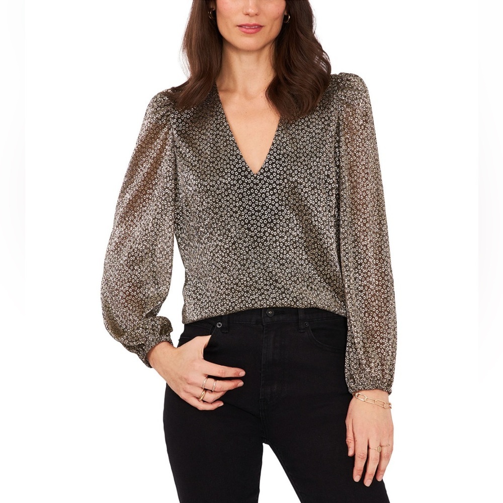 1.State Metallic Gold and Black Dusty Floral Balloon Sleeve Blouse Small
